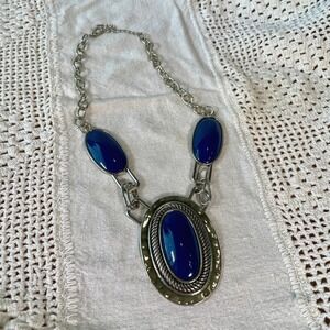 Boho Silver Tone Cobalt Blue Oval Statement Necklace Chunky Link Southwestern
